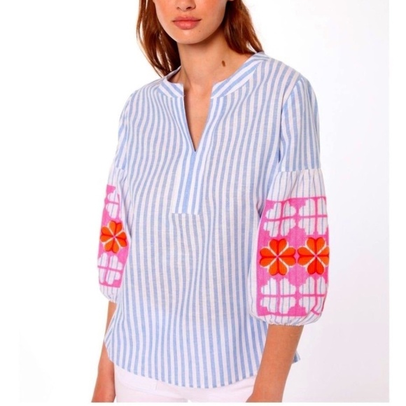 Vilagallo Tops - EUC Vilagallo Kaya Striped Embroidered Blouse Blue White Size 50 2XL